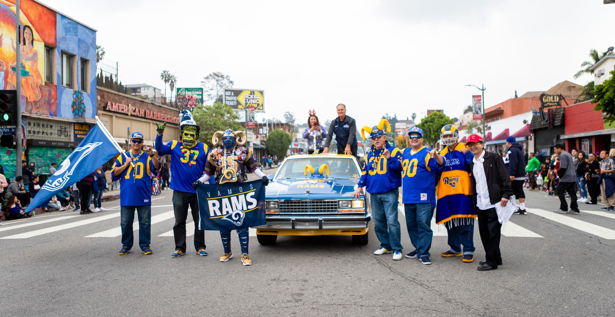 Rams fans dressed up in a holiday parade